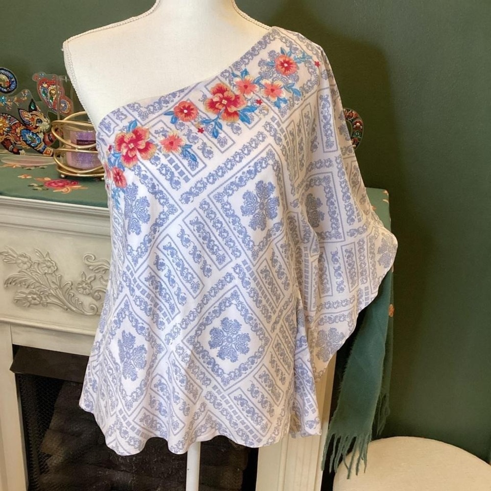 Savanna Jane Blue and White Floral embroidered‎ one shoulder blouse